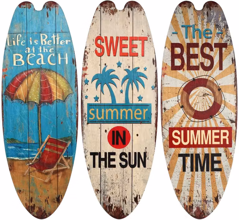 SnelShoppen Set van 3 Houten Surfboard Wanddecoratie in Vintage Strandthema