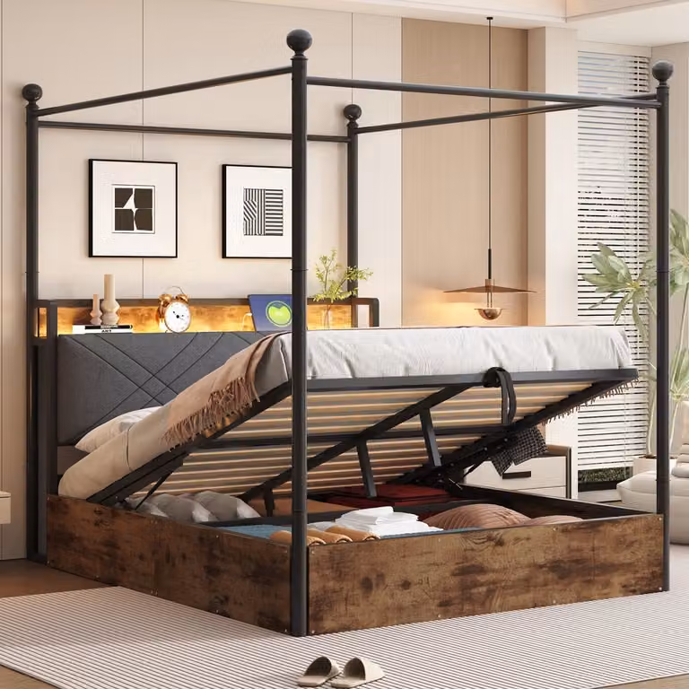 STILVORA Metalen Hemelbed met Hydraulische Opbergruimte en LED-verlichting - Zwart - B/D: 140 x 190 cm