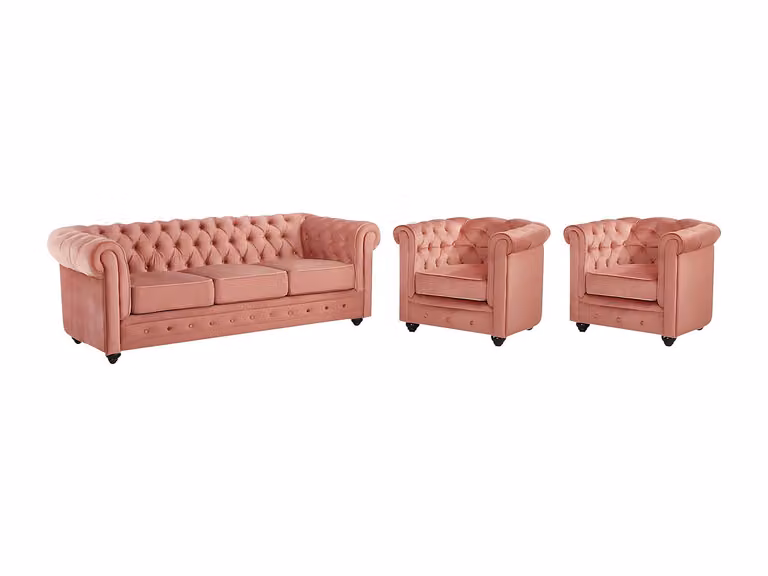 Vente-unique Chesterfield set met driezitsbank en 2 fauteuils in roze velours