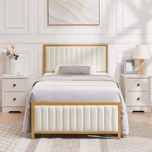 VECELO Eenpersoonsbed met gevoerd hoofd- en voeteneinde en lattenbodem, Beige, 90 x 200 cm