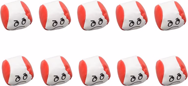 Set van 10 rode kinderzitzakken met cartoon gezichtjes en zachte ballen van imitatieleer