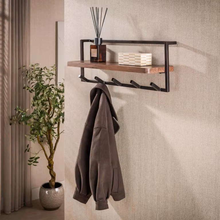 WoonStijl Kapstok Air Solid met 6 haken, Acacia hout en metaal, Bruin/Brons, Hoogte: 85 cm, Breedte: 32 cm