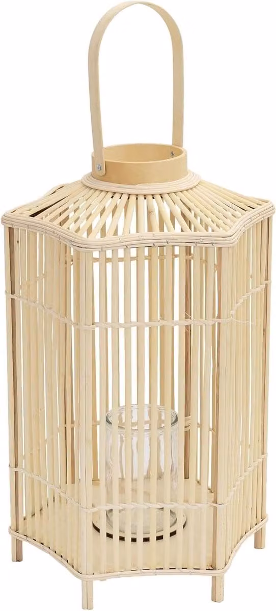 Bamboe Lantaarn Windlicht voor Sfeerverlichting met Glazen Bescherming, Houtkleur, Hoogte: 75 cm