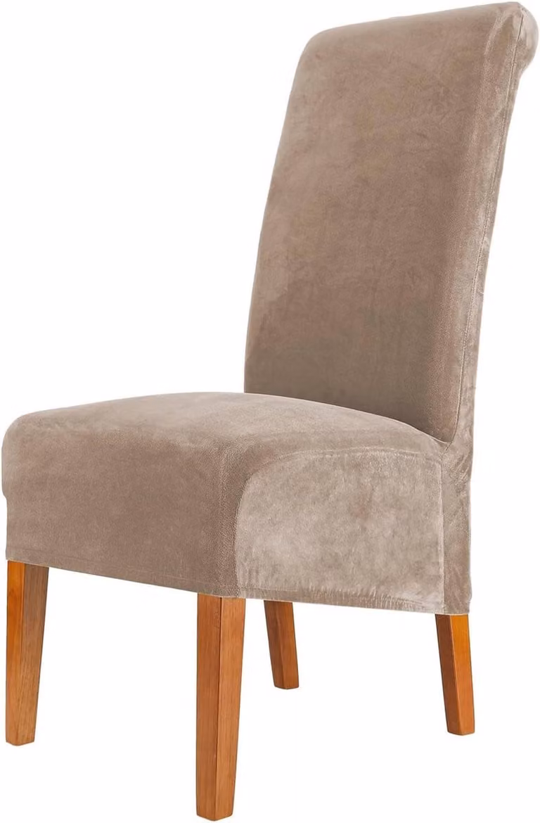 Set van 2 beige fluwelen stoelhoezen voor eetkamerstoelen, elastisch en wasbaar