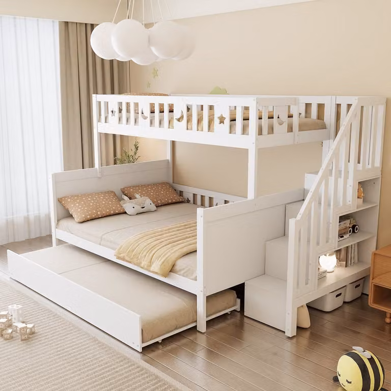 Wishdor Kinder stapelbed met opbergtrap en uitschuifbed, massief hout, wit, B/D/H: 90 x 200 cm & 140 x 200 cm
