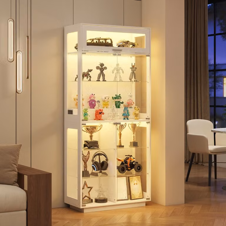 Puluomis Vitrinekast met LED-verlichting en 5 glazen planken, Wit, B: 80 cm, H: 180 cm, D: 35 cm