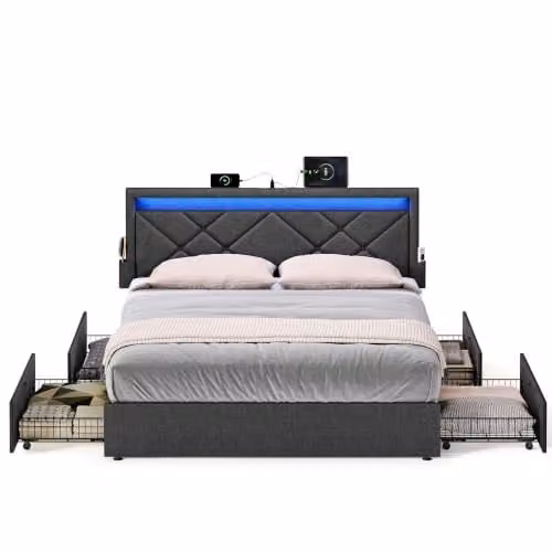 VASAGLE metalen tweepersoonsbedframe met 4 lades, LED-verlichting en USB-oplaadpunten, 180 x 200 cm