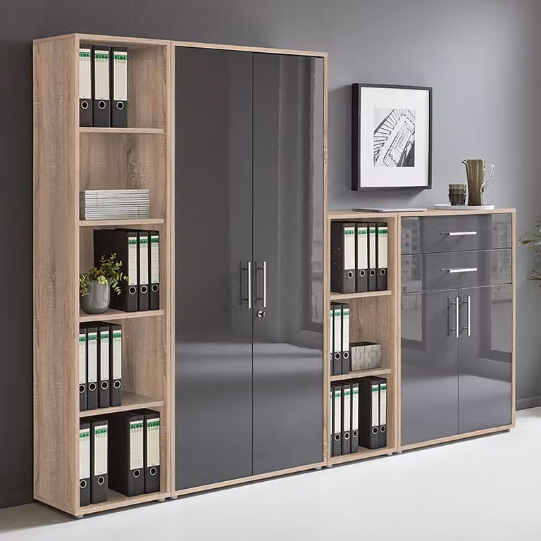 home24 Kastenset 4-delig Set C, Bruin en Antraciet, Sonoma Eikenlook en Hoogglans, B/D/H: 85 x 33 x 186 cm