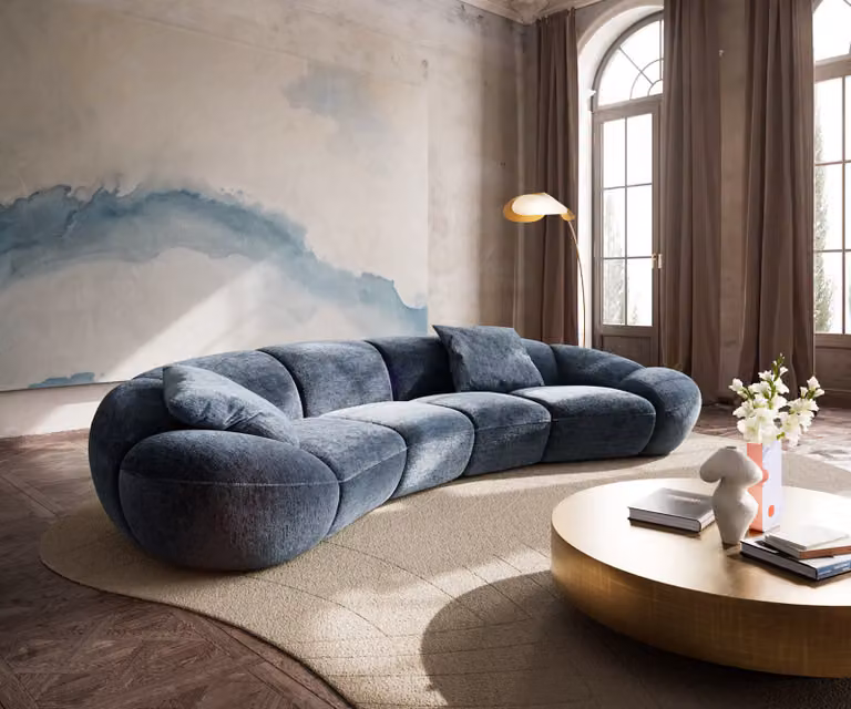 DELIFE Lunna Big-sofa in blauwe chenille met 2 kussens, B: 367,5 cm x D: 175 cm x H: 108 cm