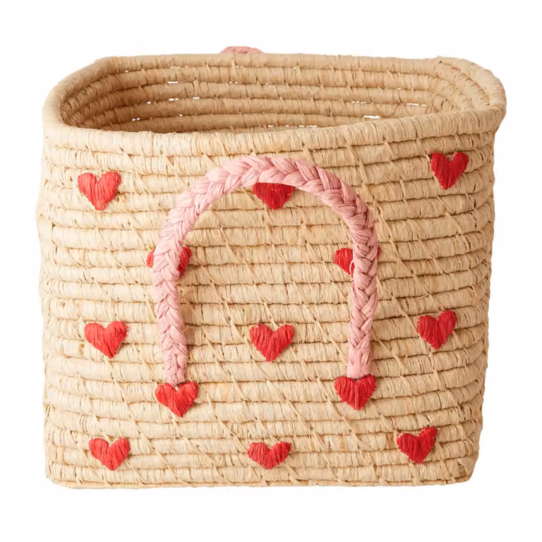 RICE Raffiamand met handvat Red hearts 30x30 cm