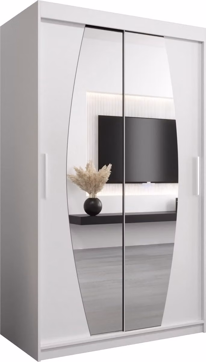 InspireMe GLOBE Kledingkast met 2 schuifdeuren, spiegel en 2 lades, Wit Mat, B/D/H: 120 x 62 x 200 cm
