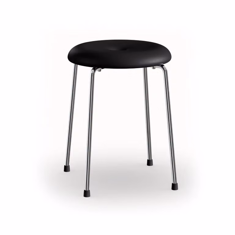 Lammhults Taburett kruk met zwart faux leather en verchroomd metalen onderstel, Hoogte: 45 cm