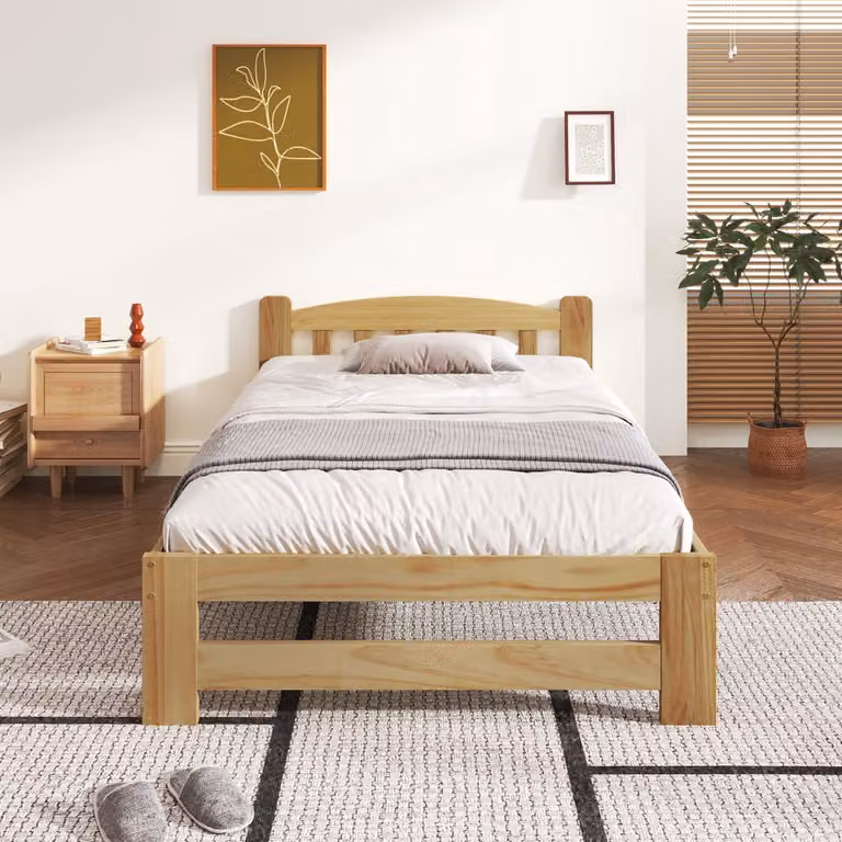 Solide Massief Houten Futonbed met Hoofdeinde en Lattenbodem voor Volwassenen, Natuurlijk, B/D/H: 90 x 200 cm