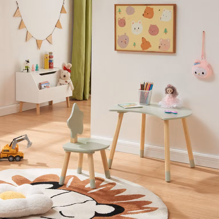 En.casa Kinderschrijftafel met stoel Lallega in maan- en sterrenmotief, mintgroen, Breedte: 76,4 cm, Diepte: 50 cm, Hoogte: 44 cm