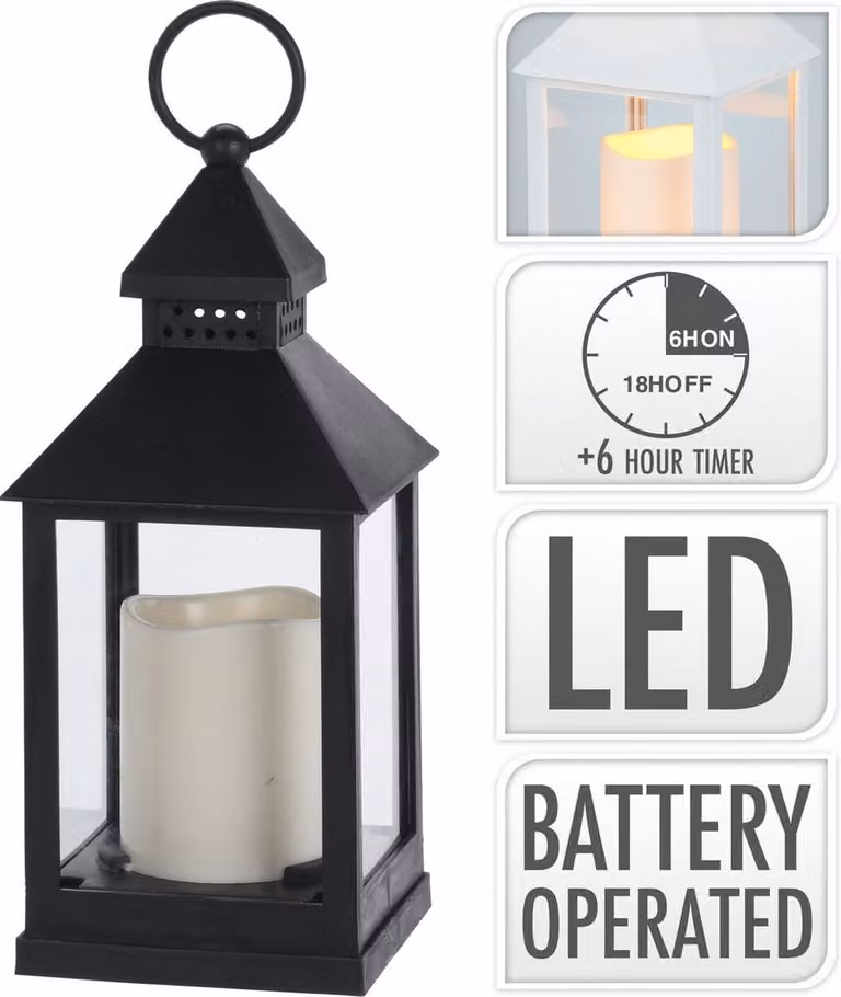 Zwarte lantaarn met LED-kaars, Hoogte: 23 cm