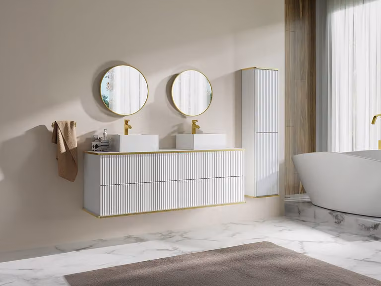 Vente-unique Zwevend geribbeld badkamermeubel met dubbele vierkante opbouwkom en kolomkast - Wit/Goud - Breedte: 150 cm