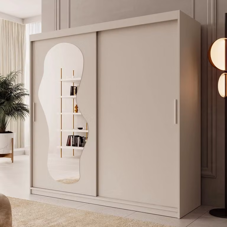Meubella Kledingkast Ulysses met schuifdeuren en spiegel - Beige - Breedte: 200 cm
