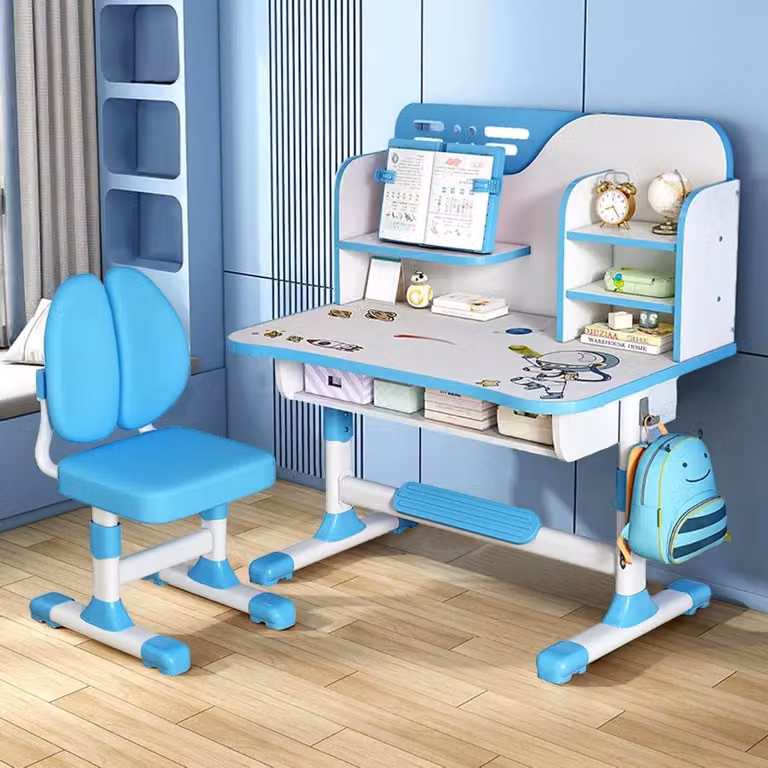 Blauw kinderbureau met stoel en in hoogte verstelbaar schrijfblad van 80 cm voor leren en lezen