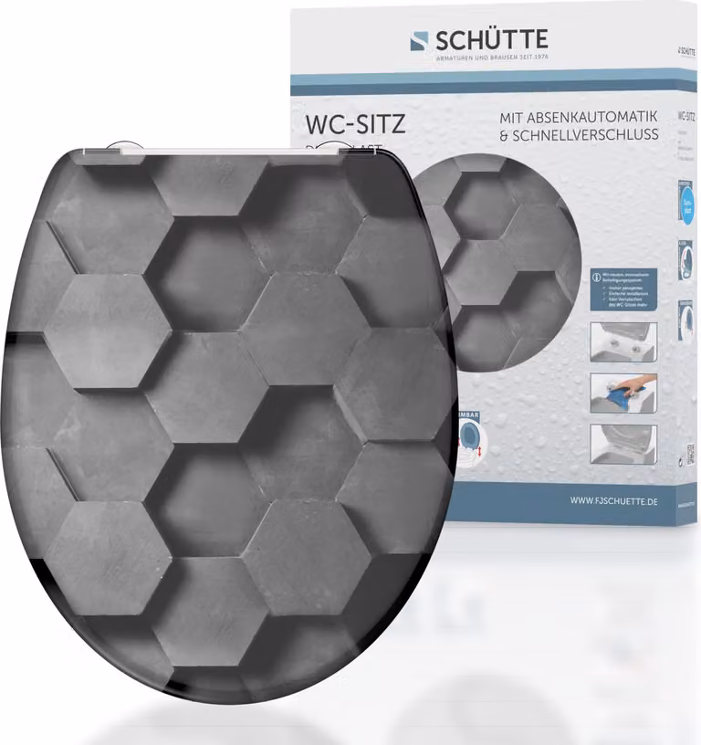 Schütte WC-bril Grey Hexagons van duroplast met zacht sluitmechanisme en snelkoppelingssysteem