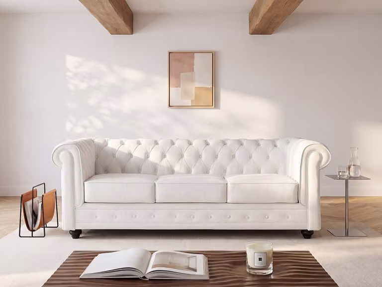 Chesterfield Driezitsbank in Wit met Lederen Bekleding