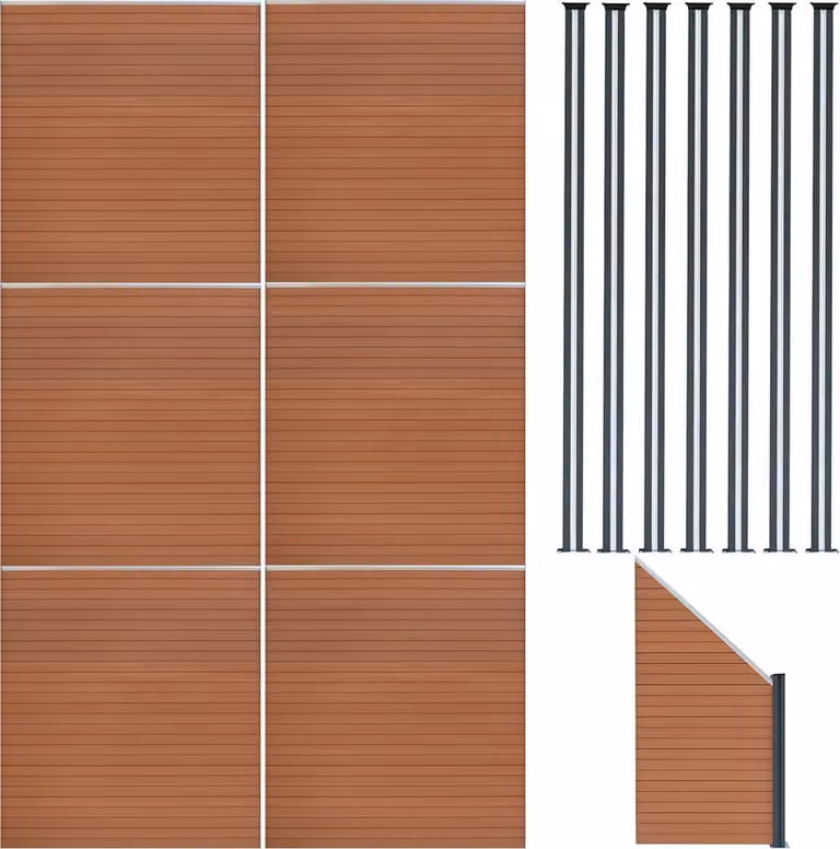 Monster Shop WPC privacy schermen set met 6 schermen, 1 hoekstuk en 7 LED schuttingpalen - Bruin