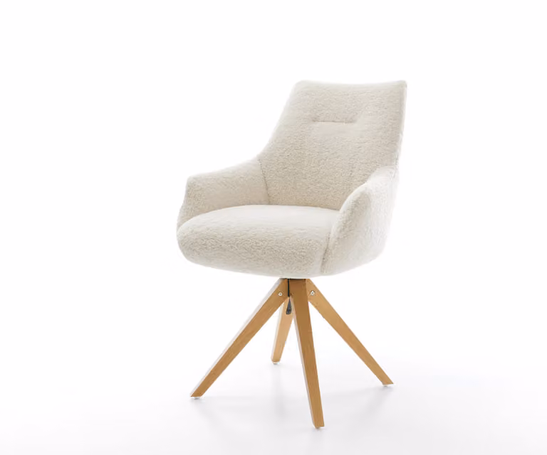 Alja-Flex Eetkamerstoel met armleuning teddy beige en houten frame natuur 360 graden draaibaar