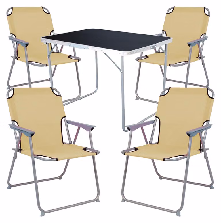 Mojawo 5-delige camping set met tafel en 4 inklapbare stoelen, beige