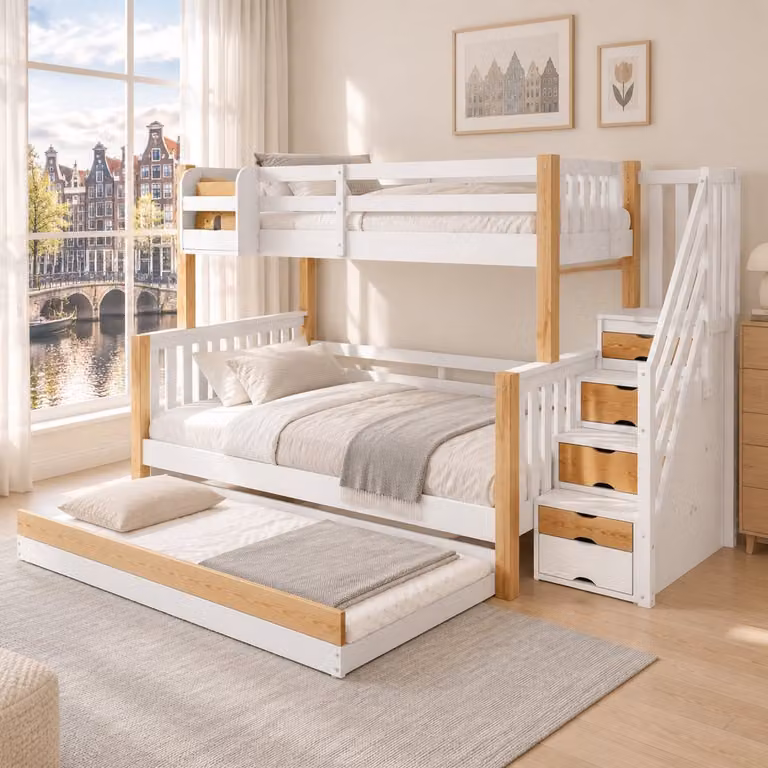 WUVRIE Stapelbed met uitschuifbed en trap met 4 opbergvakken, wit/naturel
