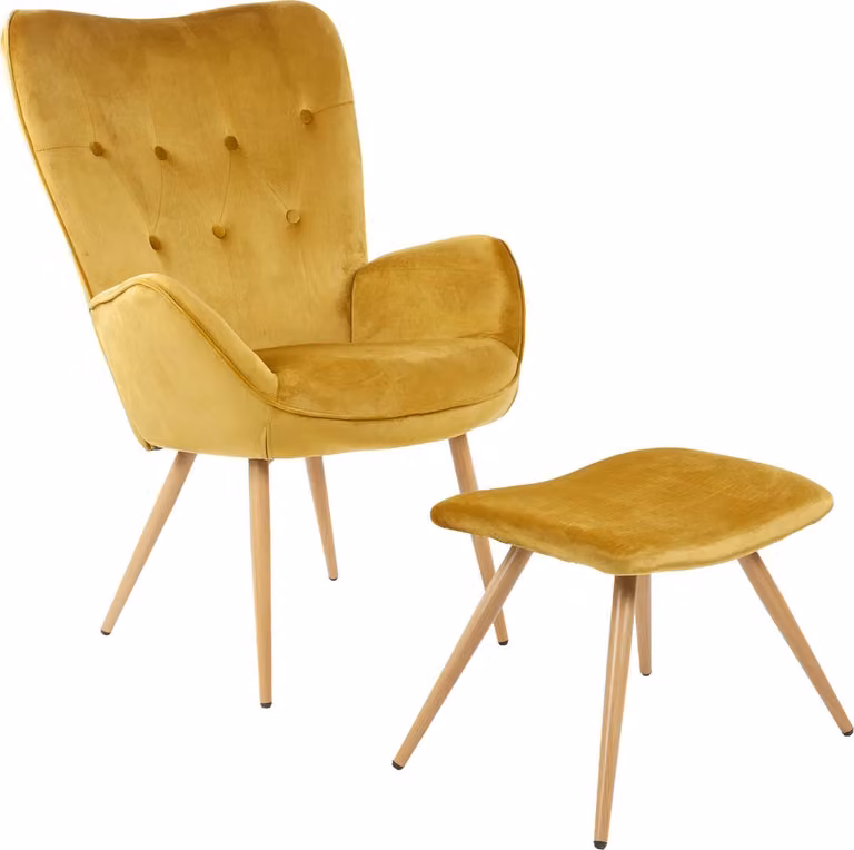 Albatros Wing Chair met Krukje York, Goud - Vintage Fluwelen Lounge Stoel