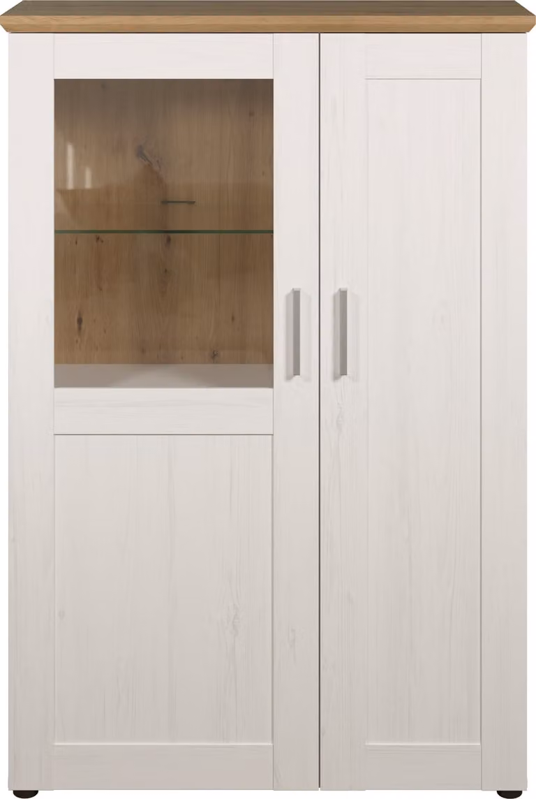 Trendteam Shade Andersen Vitrinekast voor de Woonkamer, Wit/Bruin, Pinehout en Glas, B: 140 cm, H: 95 cm, D: 38 cm