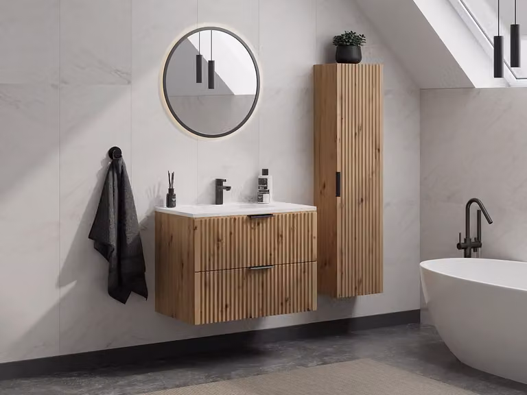 ZEVARA Geribbeld hangmeubel met inbouwwastafel en kolomkast in lichte houtkleur - Breedte: 80 cm, Diepte: 46 cm, Hoogte: 66 cm