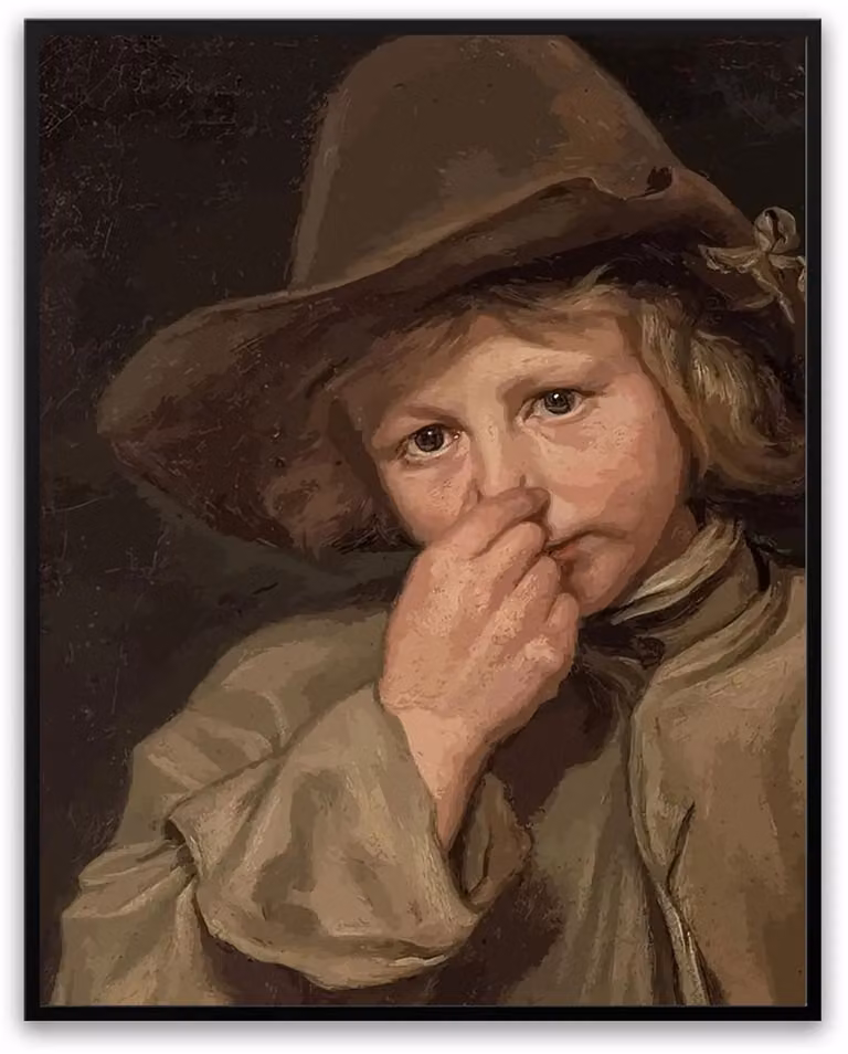 Michael Sweerts Kunstschilderij Jonge Jongen met Hoed Neus Dicht Poster in Fotolijst, 40 x 50 cm