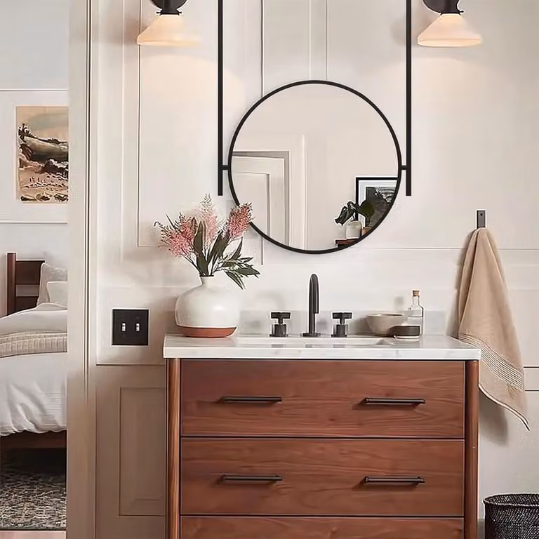 Ronde hangende spiegel voor make-up aanbrengen met plafondmontage, Zwart, Diameter: 70 cm