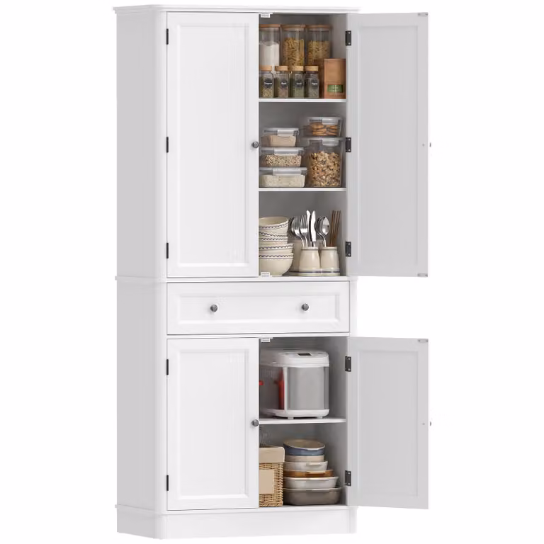 HOMCOM Buffetkast met 4 deuren, lade en verstelbare planken, wit, B: 80 cm, D: 39,5 cm, H: 186,4 cm