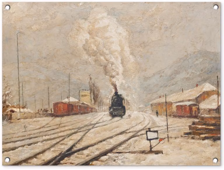Tuinposter Vintage stoomlocomotief in de winter - Tuindecoratie voor buiten - B/H: 80 x 60 cm