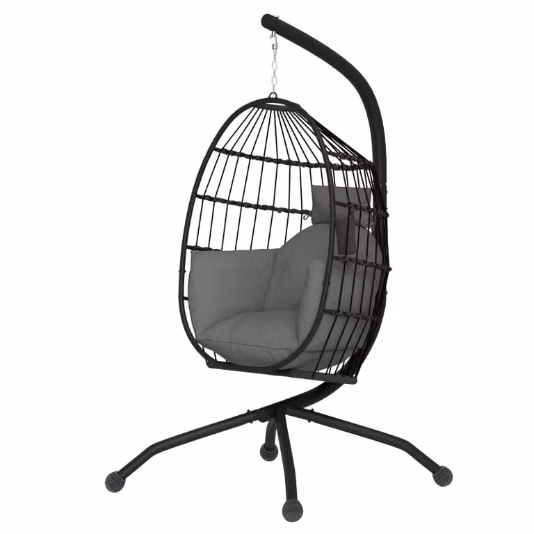 Outsunny Buitenhangstoel Egg Chair met inklapbare korfzitting, dikke kussens, hoofdsteun en bekerhouder, Zwart
