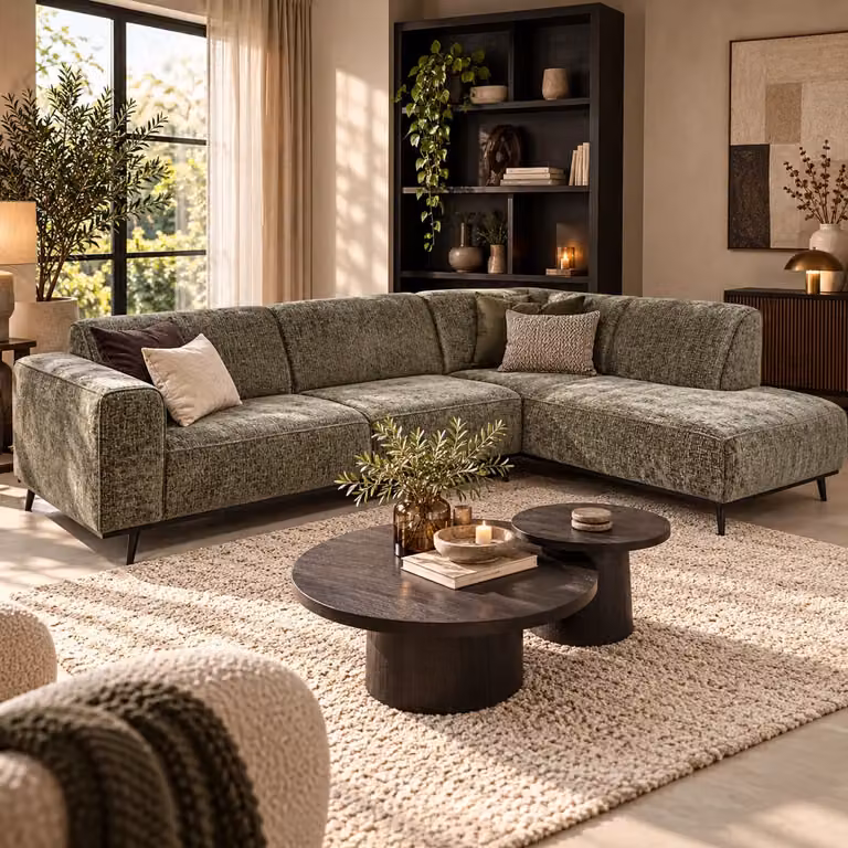 Woood Statement hoekbank rechts in grey velvet frost met houten poten, B/D/H: 274 x 210 x 91,6 cm