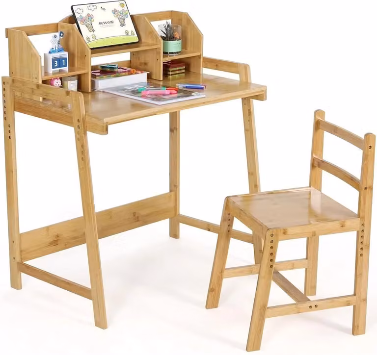 DHN Kinderbureau van Bamboe met Stoel en Boekenhouder - Meegroeiend Houten Bureau met Opbergruimte