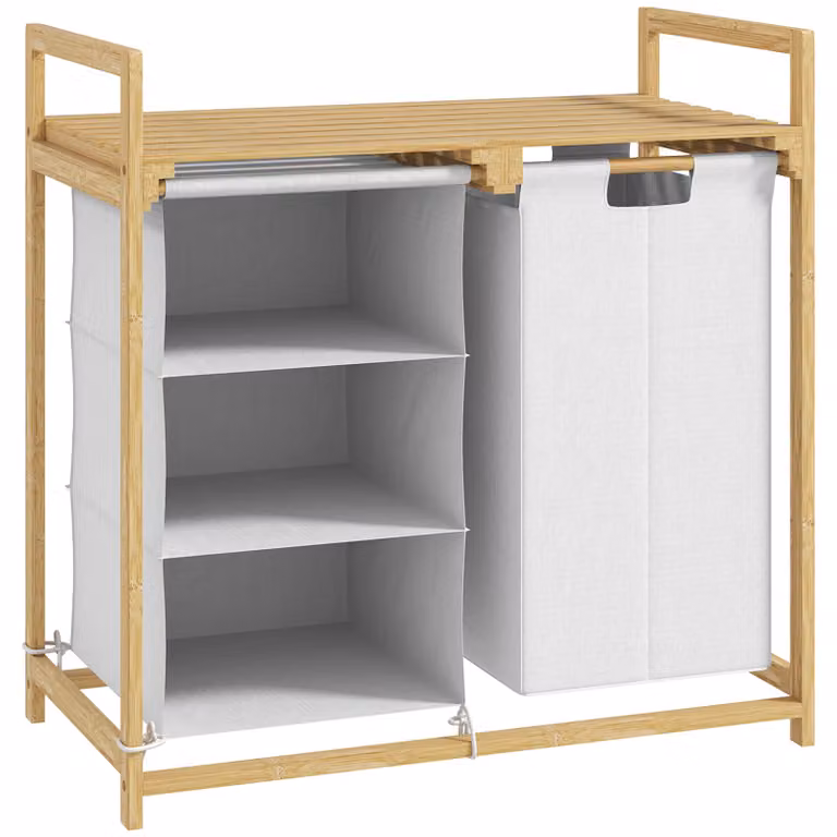 HOMCOM Wassorteerder Bamboe met 2 Uitneembare Binnenzakken, 83L, Wit en Hout, B/D/H: 70 x 36 x 70 cm