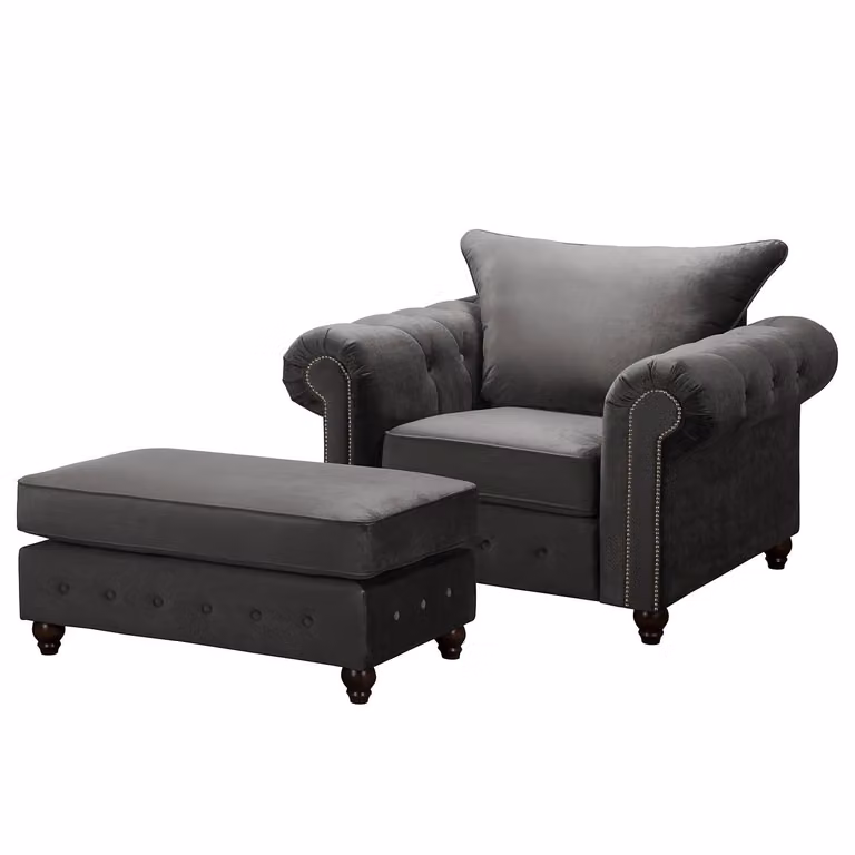 home24 Fauteuil met hocker grijs velours B: 120 cm, D: 90 cm, H: 93 cm