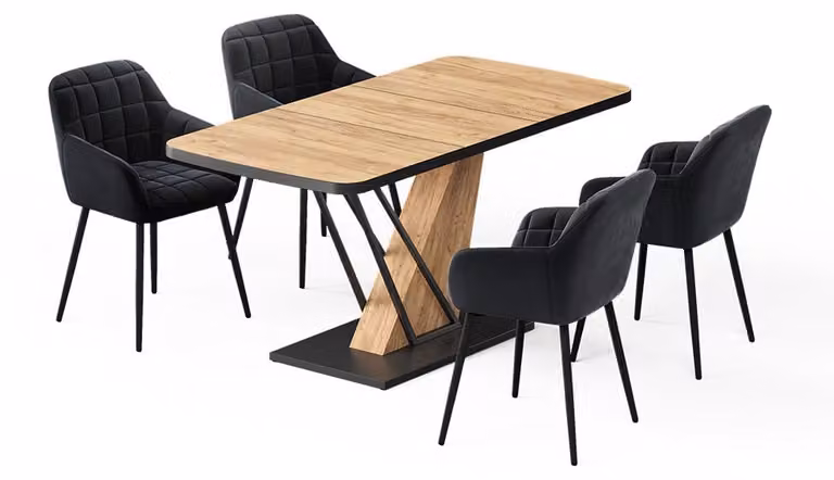 Vicco Fenaro Eettafelset met 4 eetkamerstoelen, Goudkleurig Eiken, B/D: 120 x 80 cm