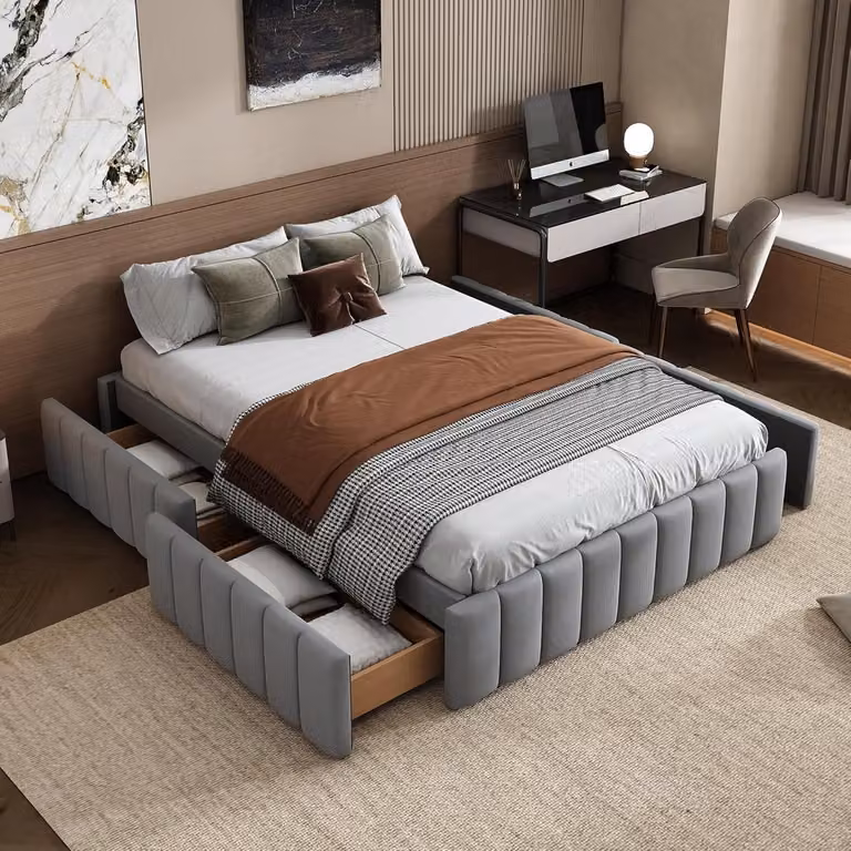 Grijs Futonbed met vier laden voor ruimtebesparing - Tweepersoons jeugdbed - B/D: 140 x 200 cm