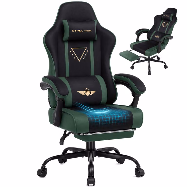 GTPLAYER Gaming stoel, ergonomische fauteuil met stoffen bekleding, veren kussen, voetsteun en verbonden armleuningen, grijs
