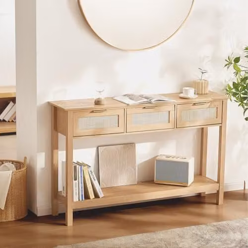 VEVOR Rotan Consoletafel met 3 Lades en Schuifdeur, Natuurlijke Rieten Bijzettafel voor Woonkamer, Hal of Thuiswerkplek, Beige/Bruin, B/D/H: 130,5 x 30 x 81,5 cm