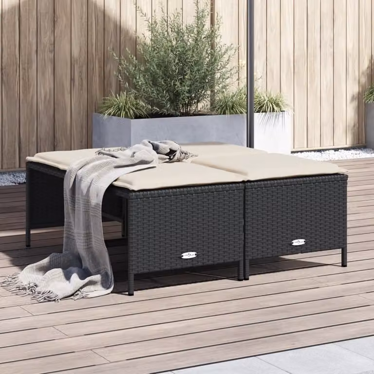 vidaXL Set van 4 Tuinkrukken met Kussens van Zwart Poly-rattan