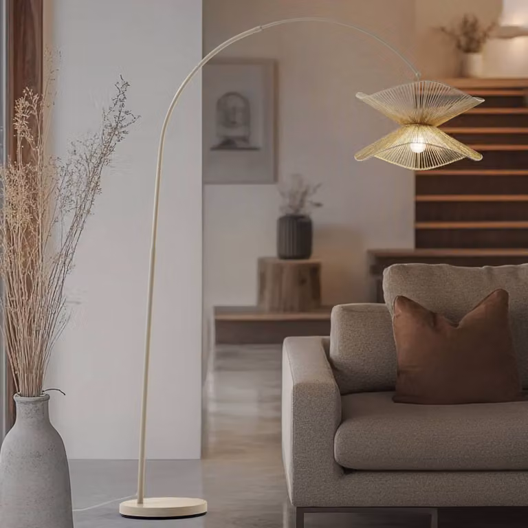 Lindby Booglamp beige/wit van papier en metaal voor woon- of eetkamer, Hoogte: 195 cm