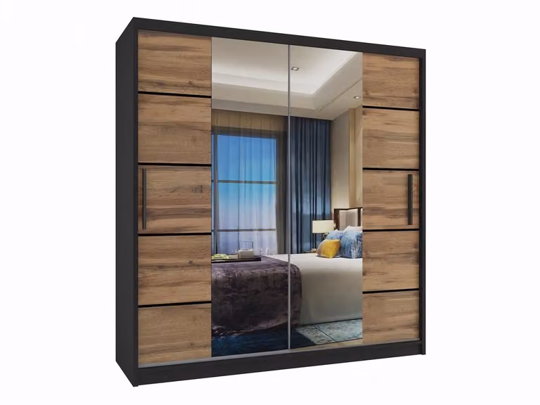 BELINI Verona ME Schuifdeurkast met Spiegel - Zwart/Goudbruin Mat - 158 cm