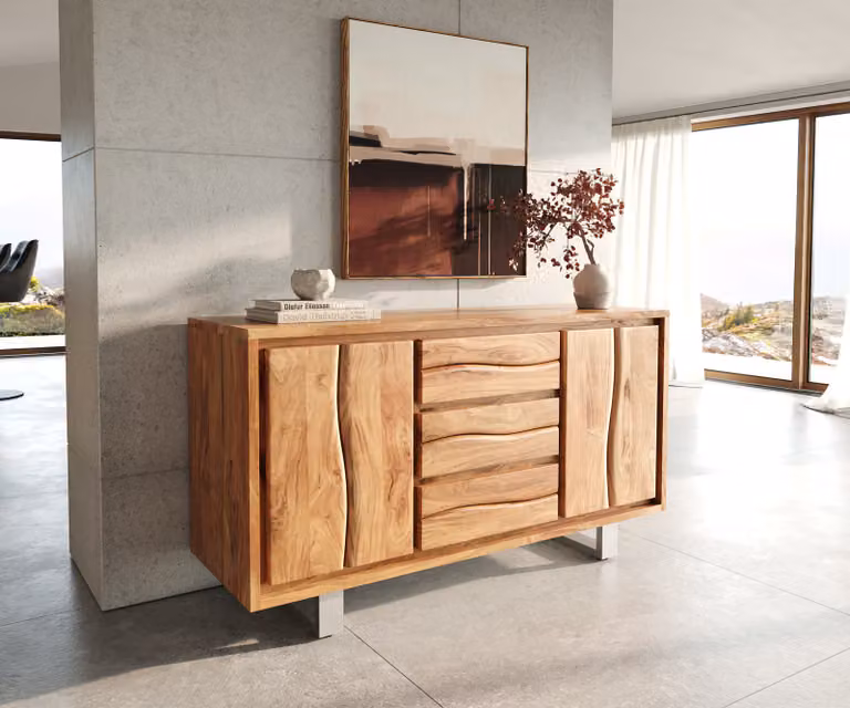 DELIFE Dressoir Live-Edge Acacia Natuur met 3 Laden en 2 Deuren, Bruin/Zilver, Breedte: 147 cm