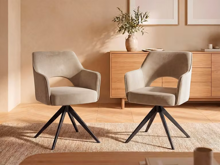 Set van 6 beige fluwelen draaistoelen met armleuningen en zwart metaal - Vente-unique KONYA