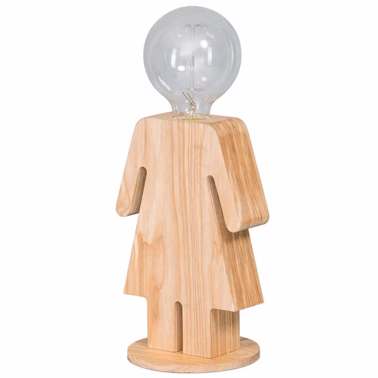 Stoere tafellamp Family Eve ETH bruin hout en glas met dimbare LED en E27 fitting